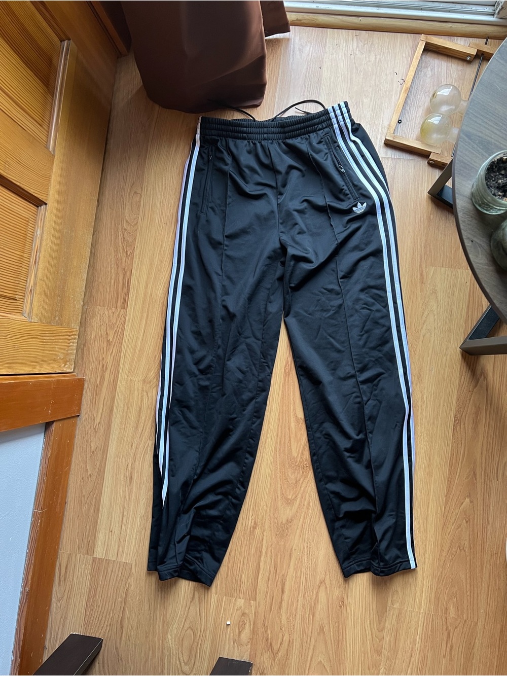 Adidas Black Firebird Pants with White Stripes
